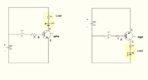 Plaatje van schema NPN en PNP transistor